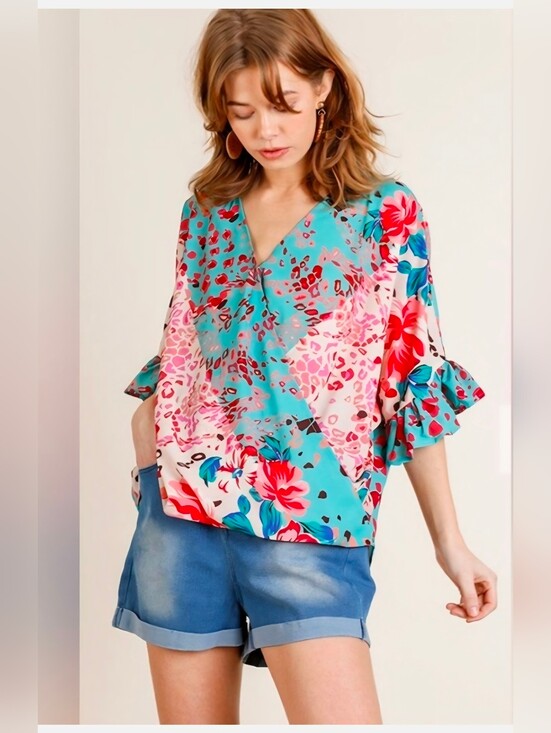 Umgee Tops - New Umgee Floral Animal Mixed Print Crossbody Wrap-Style Blouse Top NWT Large